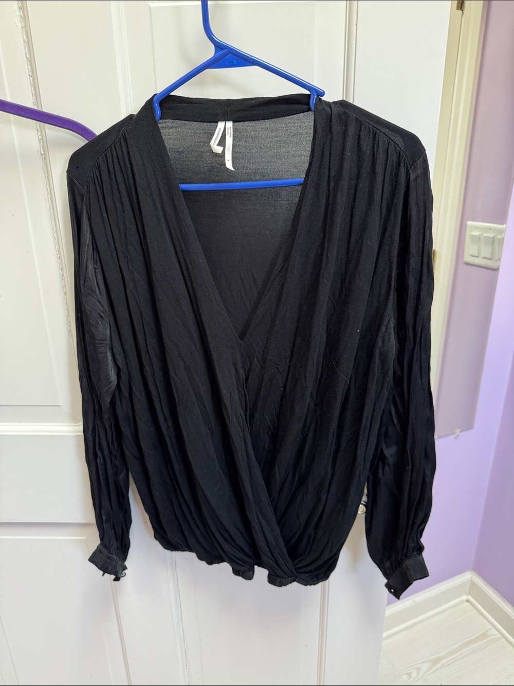 Anthropologie Black Draped Surplice Long-Sleeve Blouse